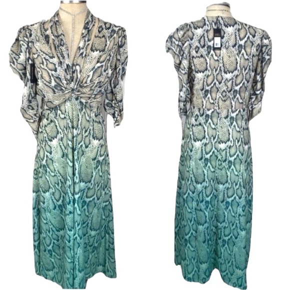 Afrm Ellis Snake Print Dip Dye Front Tie Ombre 3/4” Sleeve Midi Dress NEW Small - Picture 7 of 11